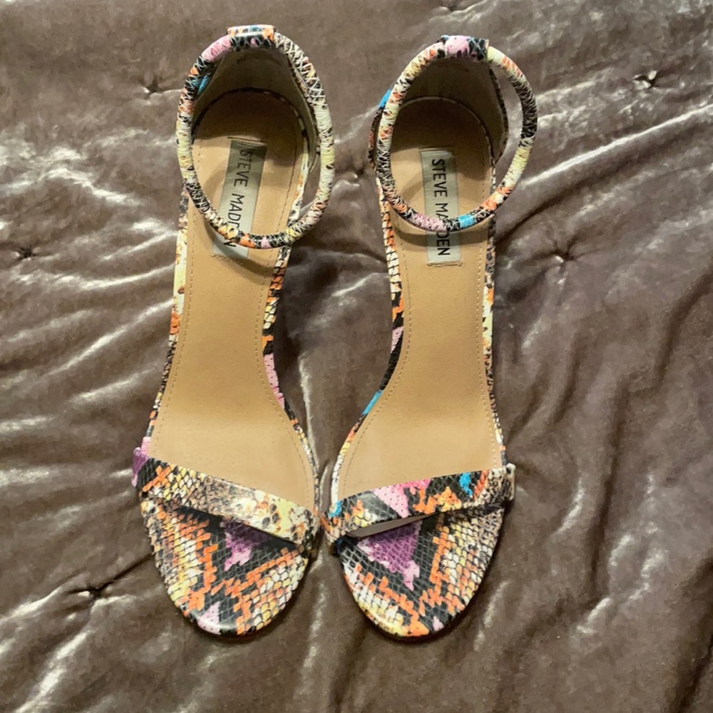 Steven Madden snake print colorful heels.